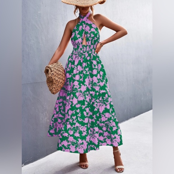 Floral Halter Maxi Dress Green Pink Tiered Vacay Cruise Ruffle Shirred Resort XL - Picture 5 of 10